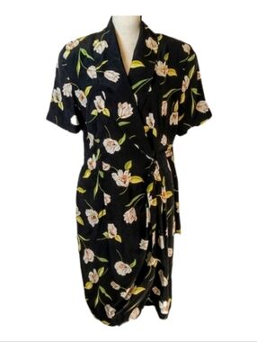 Vtg Pure Silk Jack Mulqueen Floral Women's Wrap Coquette Short Sleeve Dress 6